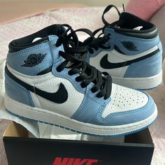 Worn Once Comes With Box Blue Sneakers Aesthetic, Nike Blue Shoes, Nike Shoes Blue, Blue Jordans, Nike Fashion Shoes, Jordan Shoes Retro, Cute Shoes Heels, Cute Nike Shoes, Cute Nikes