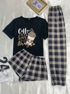 Plus Size Women's Coffee Print Shirt & Plaid Shorts/Pants Pajama Set Multicolor Cute    Cartoon,Plaid Short Sets Slight Stretch All Women Plus Sleep and Lounge, size features are:Bust: ,Length: ,Sleeve Length: Plus Size Pyjamas, Silk Loungewear, Pyjamas Womens, Cute Sleepwear, Cute Pajama Sets, Pajama Outfits, Plus Lingerie, Plus Size Pajamas, Seluar Pendek