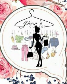 the silhouette of a woman holding shopping bags in front of pink roses and clothes hanging from a hanger