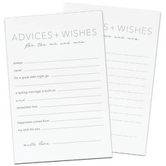 two wedding wishes cards with the words, advice and wishes written on each one side