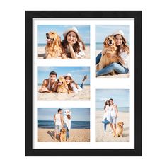 four pictures of people and their dog on the beach