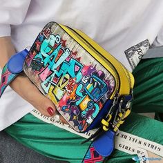 OrcaJump - Casual Graffiti Print Patchwork Handbag - Yellow Multicolor School Bag With Mobile Phone Pocket, Casual Multicolor Bag With Letter Print, Casual Multicolor Letter Print Bag, Casual Multicolor Shoulder Bag With Letter Print, Trendy Multicolor Bags With Letter Print, Multicolor Rectangular Shoulder Bag With Letter Print, Multicolor Travel Bag With Graphic Print, Rectangular Graphic Print Shoulder Bag For School, Multicolor Letter Print Rectangular Shoulder Bag