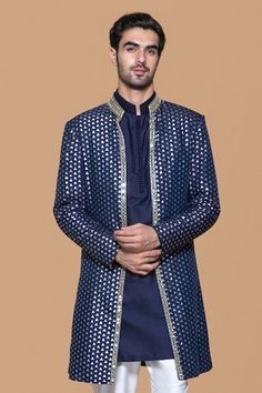 Blue jacket with 3D applique embellished geometric patterns. Comes with kurta and pant. - Aza Fashions Festive Sherwani With Geometric Embroidery, Festive Sherwani With Geometric Embroidery And Long Sleeves, Festive Long Sleeve Sherwani With Geometric Embroidery, Festive Long Sleeve Blue Blazer, Festive Blue Long Sleeve Blazer, Fitted Blue Outerwear For Festive Season, Designer Festive Long Sleeve Outerwear, Designer Long Sleeve Festive Outerwear, Festive Blue Long Sleeve Outerwear