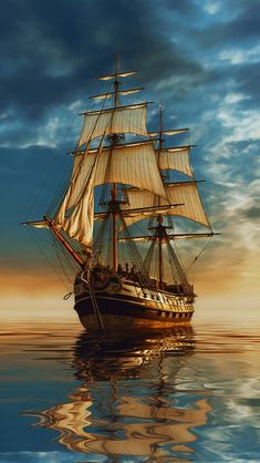 an old sailing ship floating in the ocean at sunset with clouds and blue sky behind it