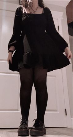 Soft Goth Outfits Fall, Black Button Down Dress Outfit, Goth Outfits With Jeans, Emo Date Outfit, Alternative Midsize Fashion, Spooky Fall Outfits, Black Dress With Doc Martens, Docs With Dress, Goth Fashion Plus Size