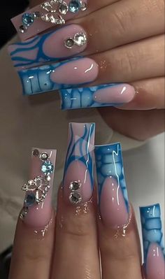 Birthday Nail, Blue Acrylic Nails, Dope Nail Designs, Bling Acrylic Nails