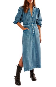 Amp up your casual-cool game in this season-staple denim midi designed with puff shoulders and airy side vents. 52 1/2" length (size Small) Front snap closure Spread collar Long sleeves with snap cuffs Five-pocket style Side vents 100% cotton Machine wash, line dry Imported 2024 Wishlist, Mad Love, Bohemian Style Clothing, Denim Maxi Dress, Denim Midi Dress, Spring 2025, Denim Chic, Skyfall, Denim Button Down