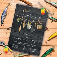 a birthday party with fishing lures on a wooden table