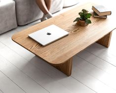 a person sitting on a couch next to a coffee table with a laptop and potted plant