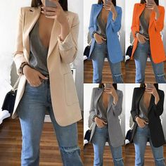 Description: 100% Brand New and high quality. Women's fashion lapel slim suit jacket,fashion style,version tailored stereo. Temperament commuting style,suitable for office workers to wear,very versatile,professional women's wardrobe essential. Features: Material:Polyester Color:black,white,blue,apricot,orange,grey Size:S,M,L,XL,XXL,3XL,4XL,5XL (1 inch =25.4mm or 1mm = 0.0393 inch) Package Includes: 1pcs Women Coat Notice: 1. Please allow 2-3% error due to manual measurement. Please make sure you Office Tops, Female Jacket, Slim Suit, Long Blazer, Suit Style, Jacket Long, Long Sleeve Blazers, Casual Blazer, Outfits Women