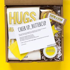 CHEER UP SELF CARE KIT Box of Sunshine Care Package for Bad Days Sometimes a pick me up is more than necessary and we get that! Rain or shine, Parcelly is here for you and your friends with bright yellow goodies to remind you to smile. Send this care package to say "I'm thinking of you", "Get well soon", or offer your deepest sympathy. Note: Each item is designed and handmade by us. Each item is perfectly unique and no two items are identical. Click 'zoom' to see all of the items in detail. Come Cheer Up Buttercup, Sunshine Care Package, Crinkled Paper, Sympathy Gift Baskets, Box Of Sunshine, Cheer Up Gifts, College Care Package, Recovery Gifts, Get Well Soon Gifts