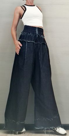 Black Wide-leg Denim Bottoms, Black Denim Wide-leg Pants, Wide Leg Denim Harem Pants With Pockets, Chic Baggy Dark Wash Bottoms, Fitted Dark Wash Pants For Summer, Bohemian High-waist Denim Blue Pants, Bohemian High Waist Denim Blue Pants, Denim Blue Cotton Wide Leg Harem Pants, Denim Blue Cotton Wide-leg Harem Pants