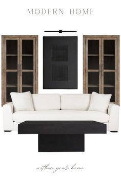 the modern living room is designed in black and white with wood trimmings on the walls