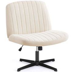 a white office chair with black base and wheels