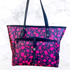 Navy Blue Leather Coach Tote With Pink Flowers. Never Been Used. Smoke Free Pet Free Home. This Nwt Coach City Tote In The Prairie Calico Floral Print Is A Stylish Addition To Any Woman's Wardrobe. The Bag Features A Black Handle/Strap And A Pink Exterior Color, Making It Perfect For Both City And Casual Use. The Tote Is Made Of Canvas Material And Has A Beautiful Pattern That Will Attract Attention. The Bag Comes With A Pouch And Has Black Lining Inside. It Is A Perfect Fit For Women Who Love T Pink Bag With Removable Pouch For On-the-go, Pink Bag With Zipper Pocket For On-the-go, Pink Pouch Shoulder Bag For On-the-go, On-the-go Pink Bag With Zipper Pocket, Pink Pouch Bag With Zipper Pocket, Pink On-the-go Bag With Zipper Pocket, Pink Coach Pouch Bag, Pink Bags With Removable Pouch For On-the-go, Pink Pouch Bag For On-the-go