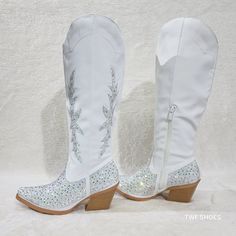 Yours Forever Soft Vegan Leather Multi Size Iridescent (Multi Color Sparkle)Rhinestones Gorgeous! Western Cut Heels ( Approx. 2.75") Knee High Shaft With Half Inner Zipper For Easy On/Off Brand New In Box Composite Sole With Faux Wood Look Heels White Rhinestone Boots, White Sparkly Boots, Summer Boots With Rhinestones And Round Toe, Summer Party Boots With Rhinestones, White Embellished Boots With Pointed Toe, White Synthetic Party Boots, White Synthetic Boots For Party, White Embellished Spring Boots, White Rhinestone Boots With Round Toe