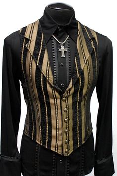 "A Victorian gentleman's vest with class. Great for formal occasions, can be worn under a suit jacket or by itself. Made in rich gold and black stripe tapestry fabric with black satin lining and back. This vest has a very flattering tapered fit and ties in back with satin belting so it can be made tighter in the waist. Fastens in front with six brass buttons. A notched collar adds extra style. Comes in sizes small-XXXL. Smoooth! Size small = chest 39\" waist 36\" Size medium = chest 42\" waist 3 Steampunk Formal Sleeveless Vest, Formal Steampunk Sleeveless Vest, Formal Sleeveless Steampunk Vest, Steampunk Style Sleeveless Black Vest, Steampunk Black Sleeveless Vest, Black Steampunk Sleeveless Vest, Black Sleeveless Steampunk Vest, Black Fitted Steampunk Vest, Fitted Steampunk Vest For Fall