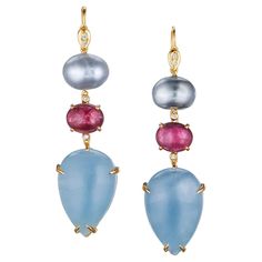 One-of-a-kind dangle earrings of South Sea and Tahitian cream and grey keshi pearls, cabochon rubellite tourmalines, fancy cabochon aquamarine drops, and diamonds, handcrafted in 18 karat yellow gold. 2.5 inches or 63 mm length. These luminescent earrings, with an edgy and modern yet elegant feel, are definitely not your grandmother's pearls! They are a chic and vibrant fashion complement to any style. Rubellite Tourmaline, Moda Chic, Kesha, Keshi Pearls, Shiny Things, Tahitian Pearls, Lovely Jewellery, Gold Drop Earrings, Tahiti