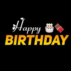 the words happy birthday are written in yellow and orange letters on a black background with an image of a slice of cake