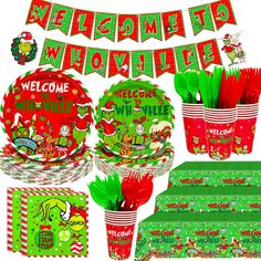 christmas party supplies including plates, napkins and cups with the words welcome to whovilleie on them