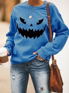 Pumpkin Face Halloween Long Sleeve Casual Cotton-Blend Sweatshirt Halloween Blue Tops With Letter Print, Blue Halloween Letter Print Tops, Blue Halloween Tops With Letter Print, Blue Halloween Top With Letter Print, Blue Letter Print Top For Halloween, Casual Crew Neck Halloween Sweater, Casual Halloween Crew Neck Sweater, Casual Crew Neck Sweater For Halloween, Casual Halloween Sweater With Crew Neck