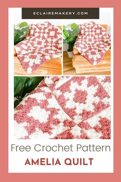 the free crochet pattern for an amiella quilt is shown in three different pictures