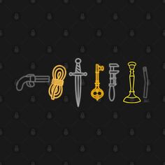 four different types of swords on a black background with yellow and grey lines in the middle