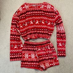 Nwot Christmas Pjs. Super Soft. Crop Top With Cinched Bottom And Tie. Waist Bands Are Stretchy. Cozy Red Christmas Sleepwear, Casual Red Christmas Sleepwear, Casual Red Sleepwear For Christmas, Red Tops For Pajama Party In Winter, Peppermint Christmas, Christmas Pjs, Lady In Red, Women's Intimates, Red White