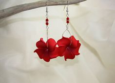 Red Flower Hoop Earrings Flower Earrings Jewelry by DRaeDesigns, $12.00 Red Flower Earrings For Wedding, Red Flower Drop Earrings For Wedding, Red Flower-shaped Wedding Earrings, Red Flower Shaped Wedding Earrings, Red Wedding Earrings With Ear Wire, Red Ear Wire Earrings For Wedding, Red Wedding Earrings, Flower Earrings Wedding, Flower Tropical