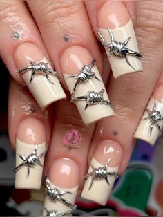 #acrylicnails #biab #biabnails #naturalnails #longnails #xxlnails #mediumnails #shortnails #y2k #y2knails #grunge #grungenails #barbie #junknails #3dnails #charms #charmnails #leedsnails #leedsnailtech #nailart #nailsnailsnails #naildesigns #nailaddict #nailgastic #nailsofinstagram #nailartist #nailartlove #explore #explorepage Bb Belt Nails, Barbed Wire Nails, Belt Nails, Barbed Wire, Black Nails, French Nails, Winter Nails, White Nails