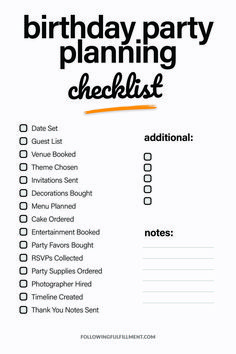 the birthday party planning checklist is shown in black and white with an orange marker