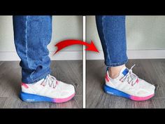 two images show the same person's feet and their shoelaces, with one showing