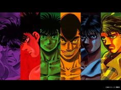 an image of some anime characters with different colored colors on them and one is looking at the camera