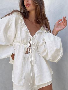 Cowgirl Melody Two Piece Shorts Set Two Piece Shorts, Two Piece Shorts Set, Linen Design, Lantern Sleeve Top, Bandeau Tops, Long Sleeve And Shorts, Two Piece Pants Set, Ruffles Fashion, Clothing Details