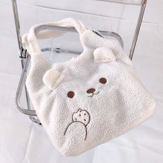 Eating Cookies Bear Embroidery Plush Tote Bag White School Shoulder Bag With Animal Design, Cute White Shoulder Bag With Animal Design, Cute White Bag With Animal Design, Cute White Bags With Animal Design, Cute Embroidered Rectangular Bags, Casual White Embroidered Bag, Cute Embroidered Rectangular Shoulder Bag, Embroidered Beige School Bag, Casual White Bag With Animal Design