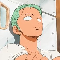 an anime character with green hair and white shirt