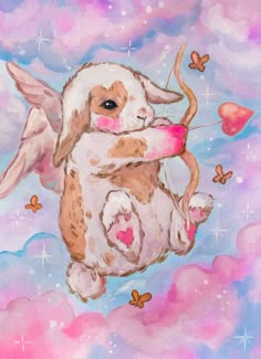 a painting of a bunny holding a bow in the air with butterflies flying around it