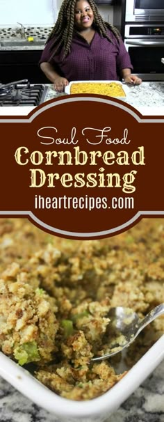 a woman sitting in front of a casserole dish filled with cornbreads