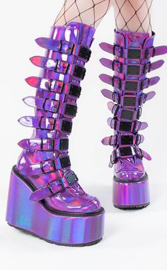 SWING-815 Purple Holo Trinity Platform Knee High Boots-Demonia-Tragic Beautiful Purple Platform Boots, Holographic Boots, Platform Shoes Boots, Platform Knee High Boots, Demonia Boots, Goth Shoes, Purple Boots, Demonia Shoes, Shoes Chunky