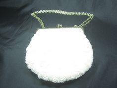 "Very hot collectible right now! Vintage glass beaded purse from the 1950s hand made in Hong Kong. This has a chain handle. Great vintage condition. Perfect brides purse ( something old). aprox 6\" X 6\"" Vintage Coin Purse For Wedding, Vintage White Evening Bag For Events, Vintage Evening Shoulder Bag With Pearl Handle, Vintage White Bags With Pearl Handle, Vintage Beaded Purse, Fancy Purses, Wedding Purse, Perfect Bride, Vintage Clothes Women