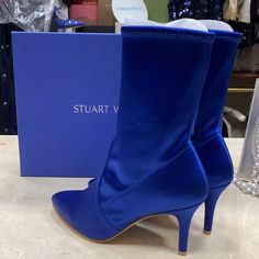 Knockout Sleek Stunning Clingy Stretchy Satin Boots So Gorgeous And A Comfortable Heel Height Beautiful Quality Beautifully Designed And Crafted In Spain Gorgeous Royal Blue Color Satin Upper With Matching Top Stitching Pointed Toe Box Easy Slip On Style Fully Lined Top In Nylon ~ Footbed Is Nappa Leather With Some Padding 3” Wrapped Slender Heel, Very Feminine Smooth Leather Sole Runs Tts Box And Dust Bag Included Priced To Sell Poshmark Ambassador Ii Elegant Blue Boots For Formal Occasions, Elegant Blue Formal Boots, Fitted Blue Ankle Boots, Formal Fitted Blue Boots, Blue Pointed Toe Boots For Night Out, Blue High Heel Boots For Evening, Elegant Blue Ankle-high Boots, Fitted Blue Almond Toe Boots, Elegant Blue Spring Boots