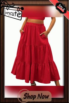 Red Cotton Blend Swing Maxi Skirt with Pockets Red Midi Skirt With Pockets, Red Maxi Skirt With Pockets For Spring, Red Spring Skirt With Pockets, Casual Red Maxi Skirt For Summer, Red Skirt With Pockets For Spring, Long Red Skirt With Pockets, Red Skirted Bottoms With Pockets, Flowy Red Maxi Skirt With Pockets, Red Flowy Maxi Skirt With Pockets