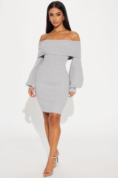 Faith Sweater Mini Dress - Heather Grey | Fashion Nova Gray Ribbed Mini Dress, Winter Ribbed Off-shoulder Dress, Off-shoulder Ribbed Winter Dress, Fall Mini Sweater Dress For Brunch, Gray Ribbed Spring Dresses, Gray Long Sleeve Bodycon Dress For Fall, Gray Ribbed Dress For Spring, Fall Off-shoulder Mini Dress For Brunch, Gray Bodycon Mini Dress For Winter