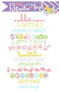 a poster with the words spring and easter in different font styles, including an egg