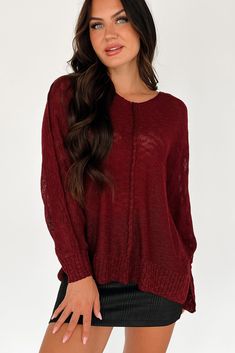 55% ACRYLIC, 43% NYLON, 2% SPANDEX Model Wearing Size Small Color: Burgundy Lightweight Sweater Knit Wide/Boatneck Dolman Sleeves Front Seam Detail Side Slits Semi-Sheer Knit - Nude Undergarments Recommended Sweater Has Stretch 17“ Armpit To Sleeve End 16" Armpit To Front Hem / 19" Armpit To Back Hem For Model Size Specs Please Check Size Charts Launched: 8/29/24 Sheer Knit, Lightweight Sweater, Sweater Knit, Size Charts, Light Weight Sweater, Dolman Sleeve, Boat Neck, Sweater Top, Knitted Sweaters