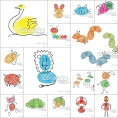 children's hand drawn pictures of different animals and their names are shown in various colors