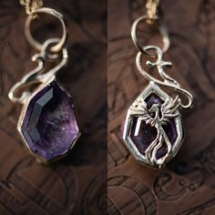 two pictures of the same necklace with an evil spider on one side and a purple amethorama on the other