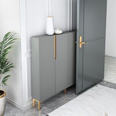 a room with two gray cabinets and a potted plant on the floor next to it