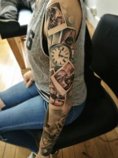 a man with a clock and pictures on his arm