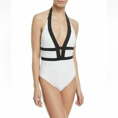 Polyester And Elastane. Removable Pads Nwt Size 6 Elegant White Halter Neck Bodysuit, White Halter Neck Bodysuit For Vacation, Chic White Bodysuit For Pool, White Lined Bodysuit For Pool, Chic White Bodysuit For The Pool, White Halter Neck Bodysuit With Lined Body, One Piece Swimsuit White, Bandeau One Piece Swimsuit, Modern Muse